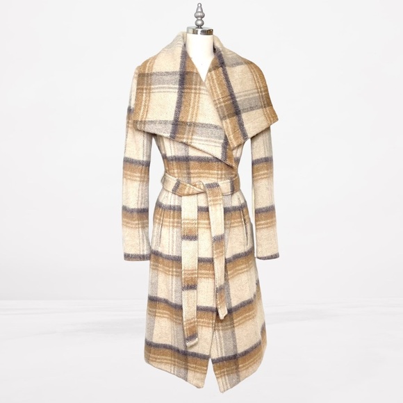 BCBGeneration Wool Belted Plaid Wrap Coat Tan Cream Winter Peacoat Small New - Picture 1 of 16